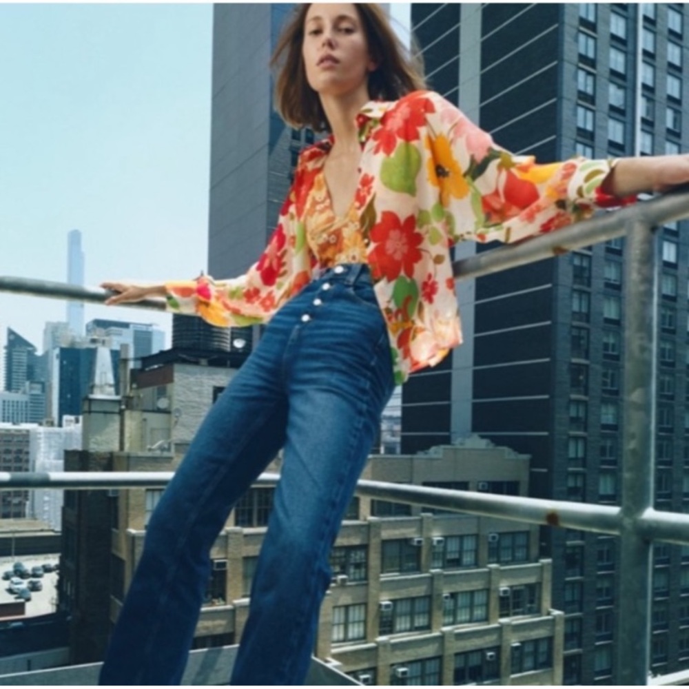 ZARA Sheer Button Up Floral Top/Blouse